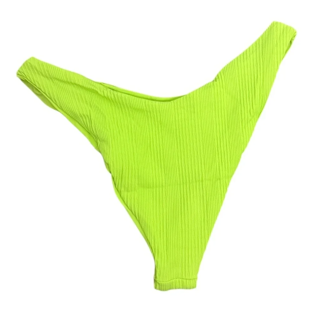 L*SPACE Cucumber Green Cabana Bikini Bottom Ribbed High-Leg Large L NWT‎